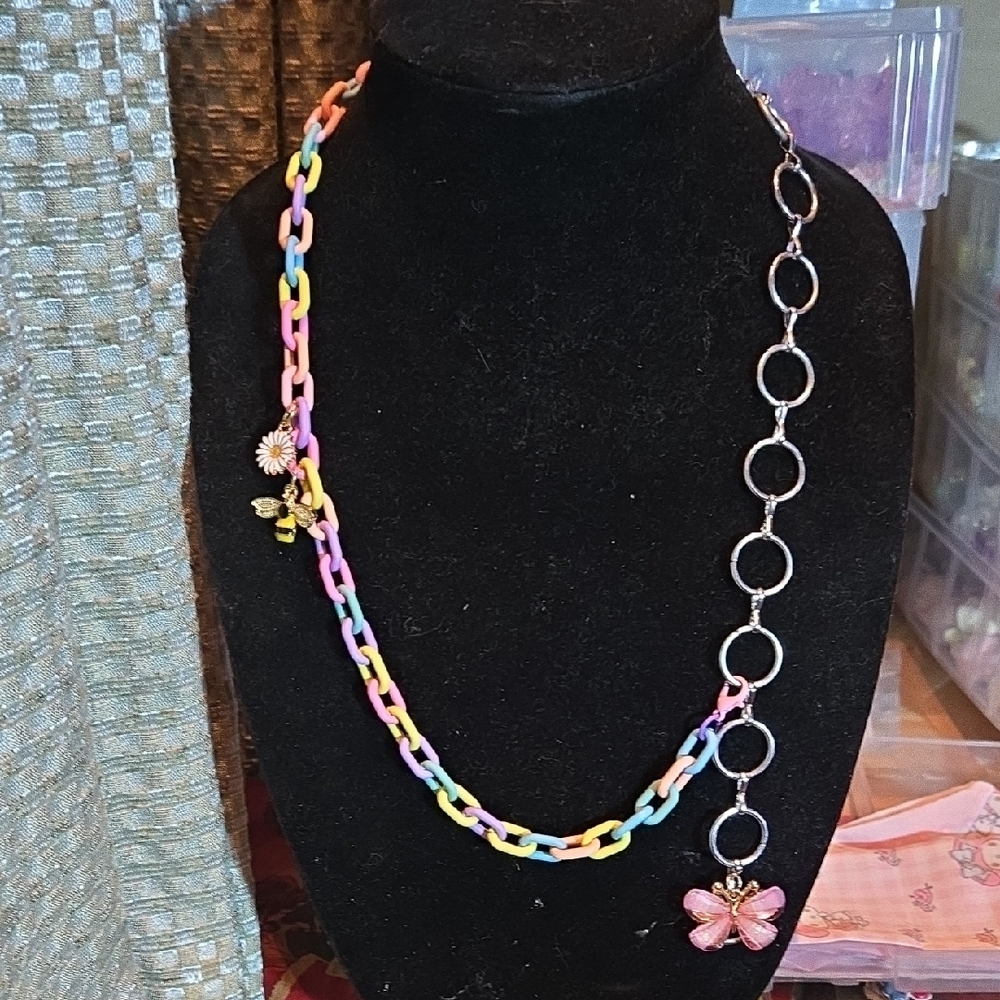 Hand Crafted Pink and Yellow Necklace with Asymmetrical Design